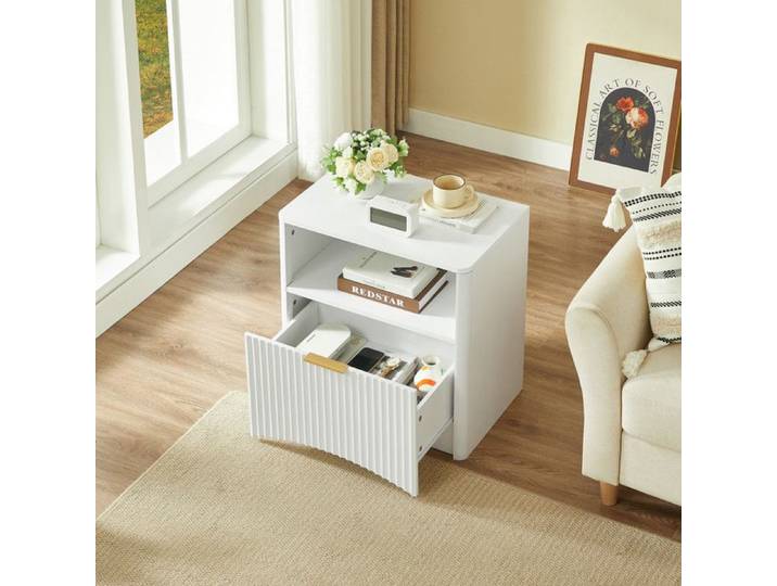 Table de chevet blanche avec tiroir meuble gain de place au design rainuré 58x38x60 cm