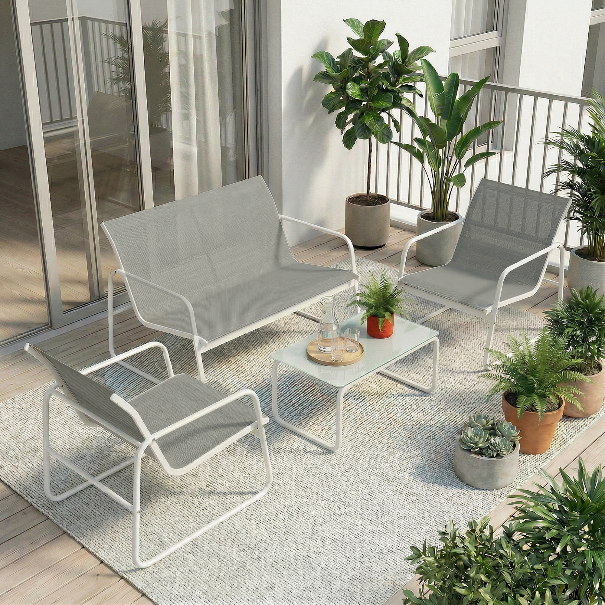 Outsunny Set giardino 4 pezzi con divano 2 posti e tavolo vetro, Grigio chiaro   Aosom Italy