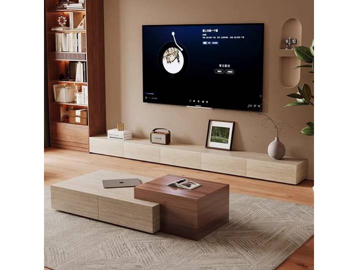 Meuble TV moderne et épuré en dalle de travertin, meuble de rangement au sol, meuble de cheminée, support TV, table de salon, mobilier de maison