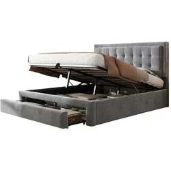Polsterbett 140x200 cm mit Stauraum, hydraulischem Kopfteil und Lattenrost – elegantes Design in Grau