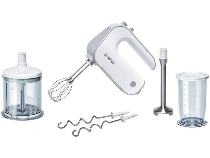 BOSCH Handmixer Styline MFQ4080, Edelst. Rührbesen/Knethaken, Mixfuß, 5 Stufen, weiß , bunt (weiß, silberfarben), Mixer, Zerkleinerer, Turbotaste, leichtes Gehäuse, Made in Europe, Handmixer