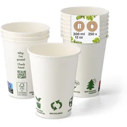 BIOZOYG 250 Stück Kaffeebecher 300ml / 12oz Einwegbecher Pappbecher weiß mit Bedruckung, kompostierbar nachhaltig Partybecher Trinkbecher Biobecher