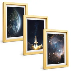 BILDER SET 3er Set - 20x30 cm Goldrahmen - Weltraum Erde Rakete Galaxie