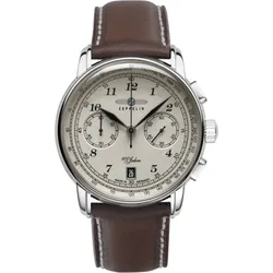 Zeppelin Herrenuhr 76746 - Beiges Ziffernblatt mit schwarzen Zahlen/Indices,braun,weiße Naht - 42mm