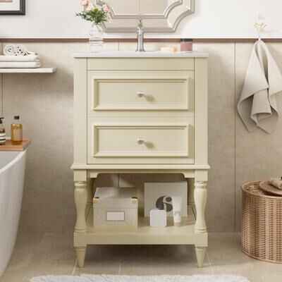 GREATPLANINC 2 Drawers Vanity, Ceramic Sink Bath Cabinet