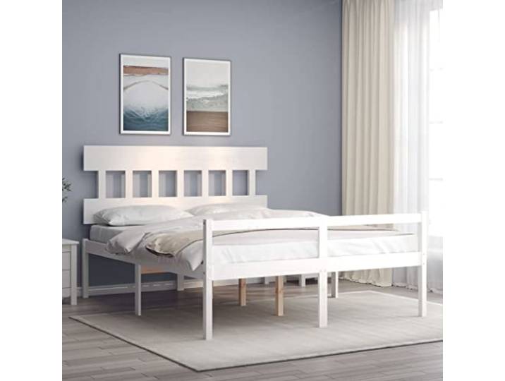 RJPLMFV Massivholzbett, Weiß, 160 x 200 cm, Senior Massives Kiefernholz, Sitzhöhe 45 cm, Aufbewahrung unter dem Bett, Sperrholzlatten, ohne Matratze