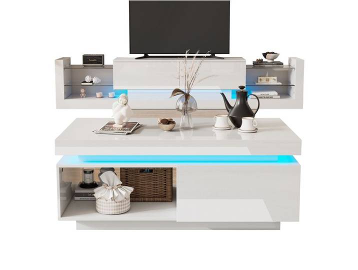 Ensemble meuble TV et table basse blanc brillant LED Bluetooth