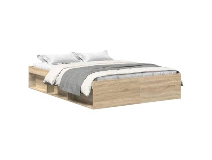 PUGYNBK Bettrahmen Sonoma Eiche 140 x 200 cm Technisches Holz, 6 Fächer, Sperrholzleisten, seitliche Aufbewahrung