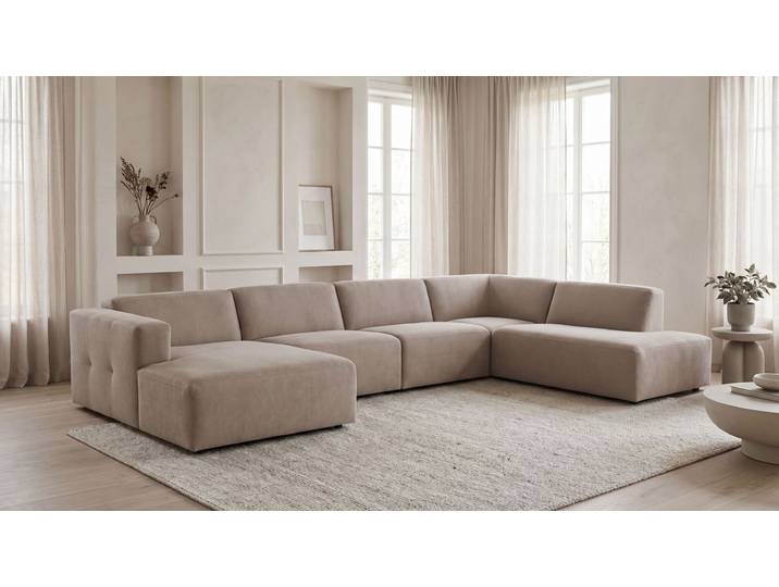 Wohnlandschaft OTTO HOME Kelani , beige (cream), B:384cm H:73cm T:227cm, 100% Polyester, Sofas, Wohnlandschaft, mit dekorativer Knopfsteppung an den Armlehnen