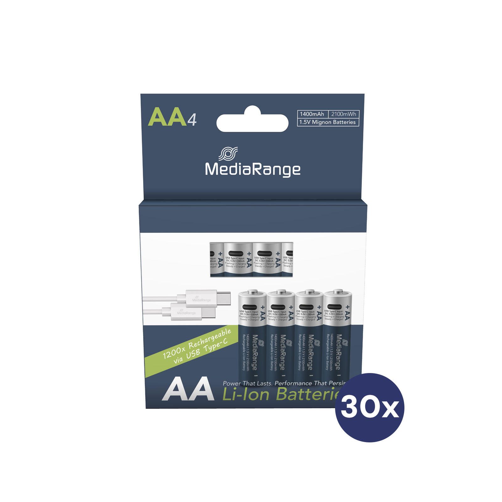 MediaRange USB-Akkus mit Ladekabel Mignon AA 1400 mAh MRBAT161set