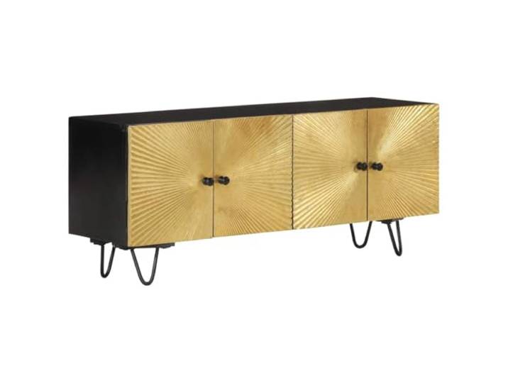 KGFHERENB TV-Schrank Mangoholz Massiv Lowboard 110x30x45 cm Elegante Kombination aus Schwarz und Gold für Wohnzimmer oder Flur, praktische Fächer bieten staubfreien Stauraum.