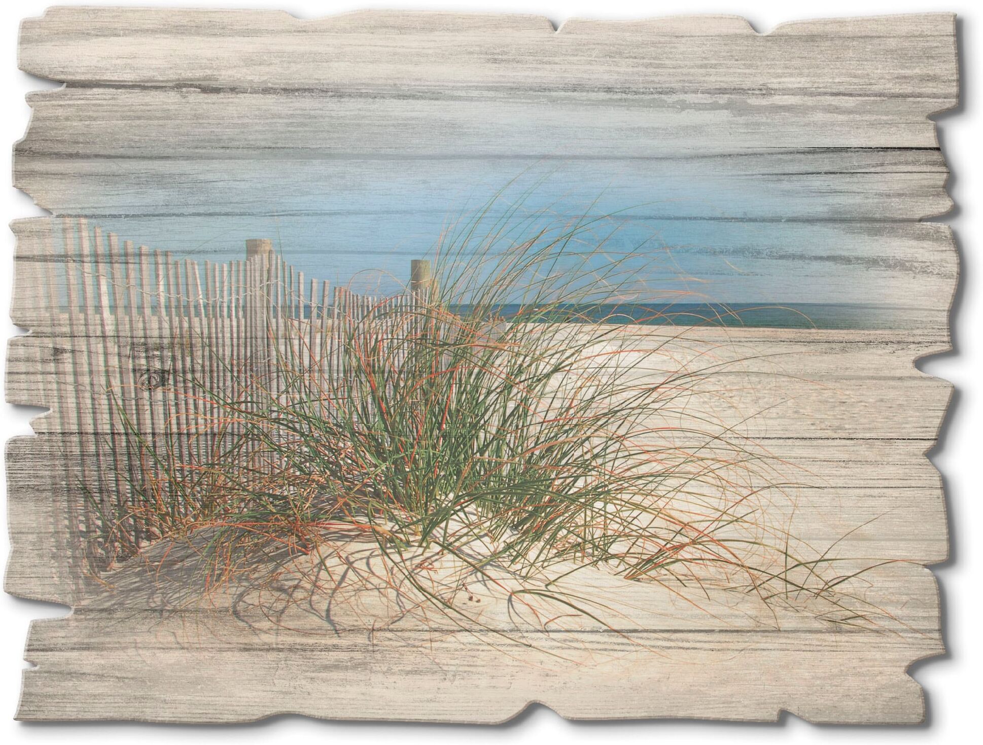 Holzbild ARTLAND "Schöne Sanddüne mit Gräsern und Zaun", beige (farbe bild(er): naturfarben), B:40cm H:30cm, Bilder, Holzbild farbe bild(er): naturfarben B/H/T: 40cm x 30cm, Holzbild Strand Querformat, 1 Stk.