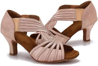 LightInthebox Women's Latin Dance Shoes Nude Satin Open Toe Crisscross Strappy Low Heel Ballroom Shoes for Salsa Rumba Cha Cha Practice, Social Dance Performance