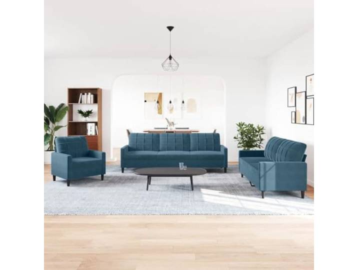 KTHLBRH 4-teiliges Sofaset aus blauem Samt mit Kissen Sessel, 2- und 3-Sitzer-Sofa, Fußstütze, Metallrahmen, Schaumstoff