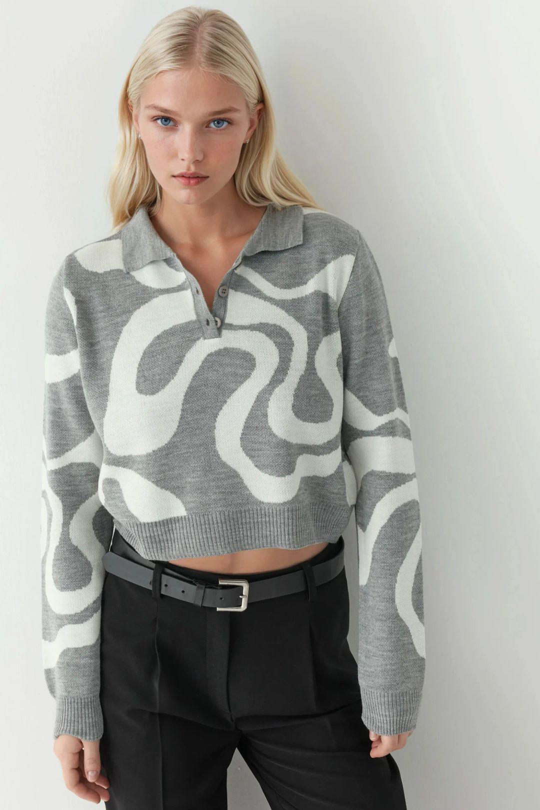 Polo Kraag Jacquard Gebreid Trui