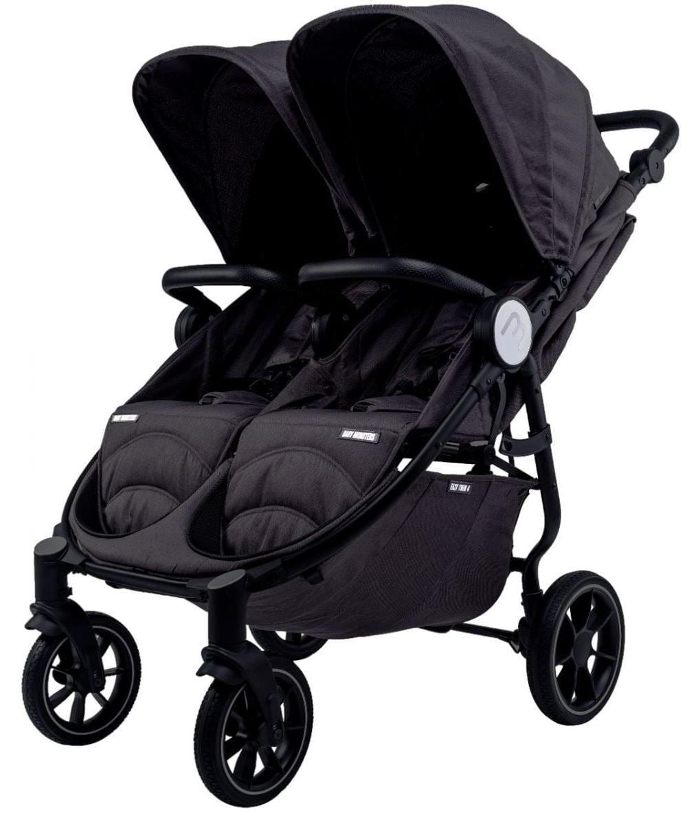 Baby Monsters Easy Twin 4 Zwillingswagen Schwarz, kompakt faltbar, verstellbar, mit XL-Verdeck UPF50+