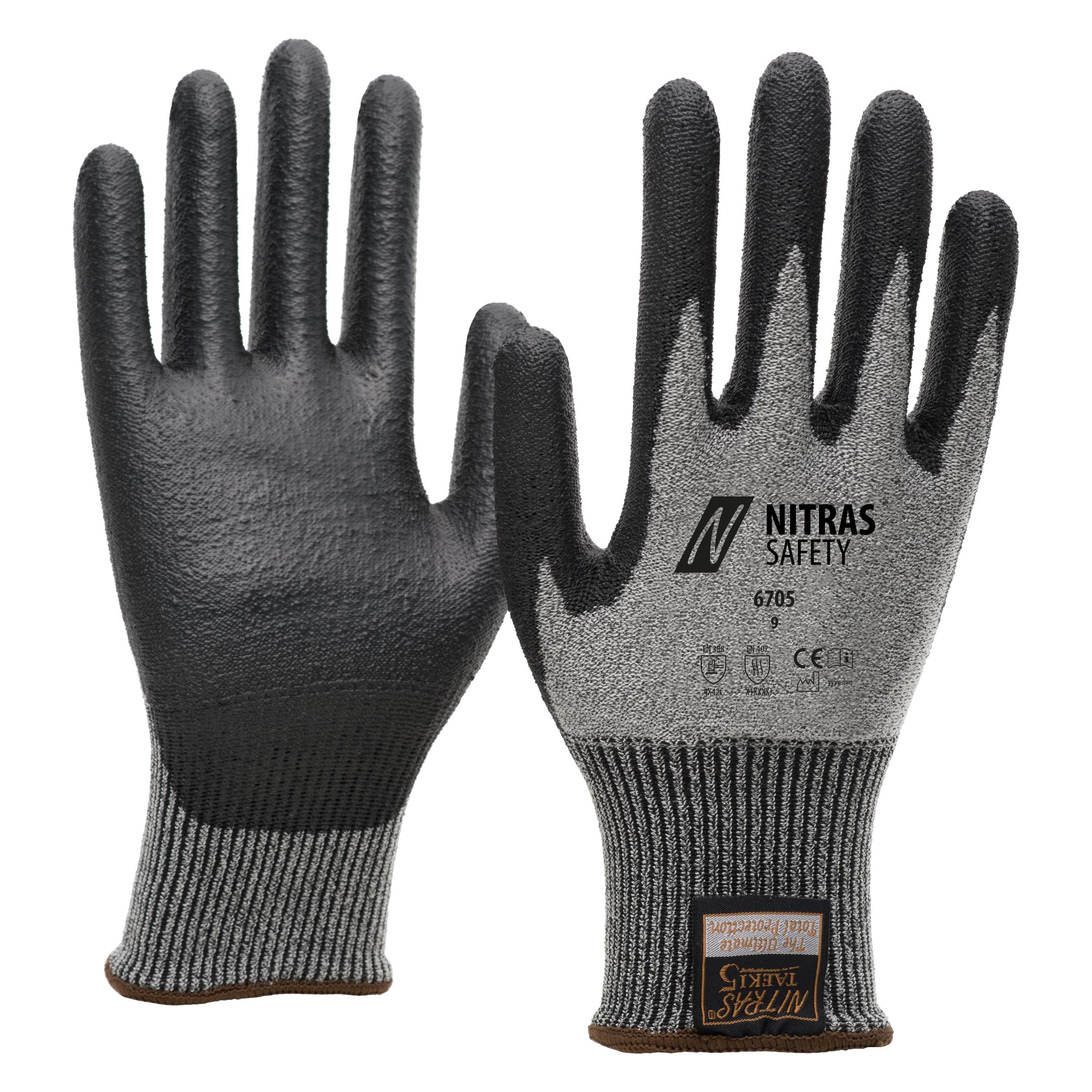 Nitras TAEKI Schnittschutzhandschuhe, TAEKI-Spezialgarn, grau, PU-Beschichtung, schwarz (Farbcode: 1 (10) (4059904096653)