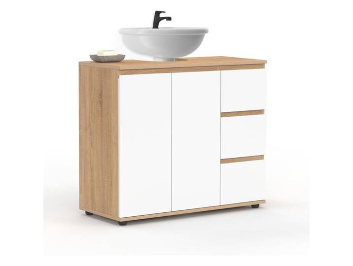 IDMarket Meuble sous lavabo TOMI 70x30x60 cm 2 portes et 3 tiroirs Blanc et Hêtre