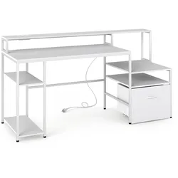 COSTWAY Computertisch mit Ladestation, rollbarem Schublade, Monitorständer, Metallrahmen & verstellbaren Füßen