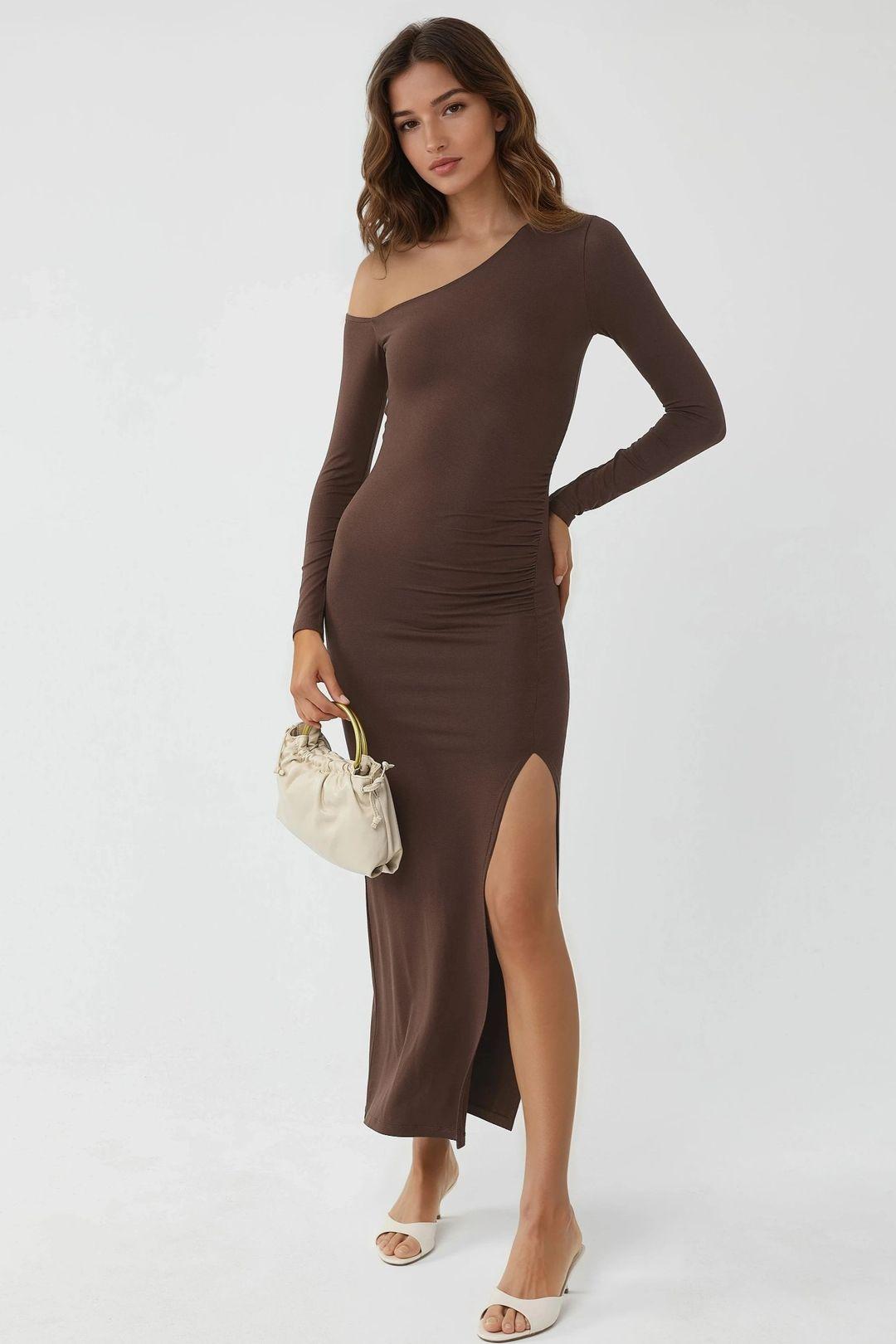 Asymmetrische Kraag Maxi-jurk met Scheur