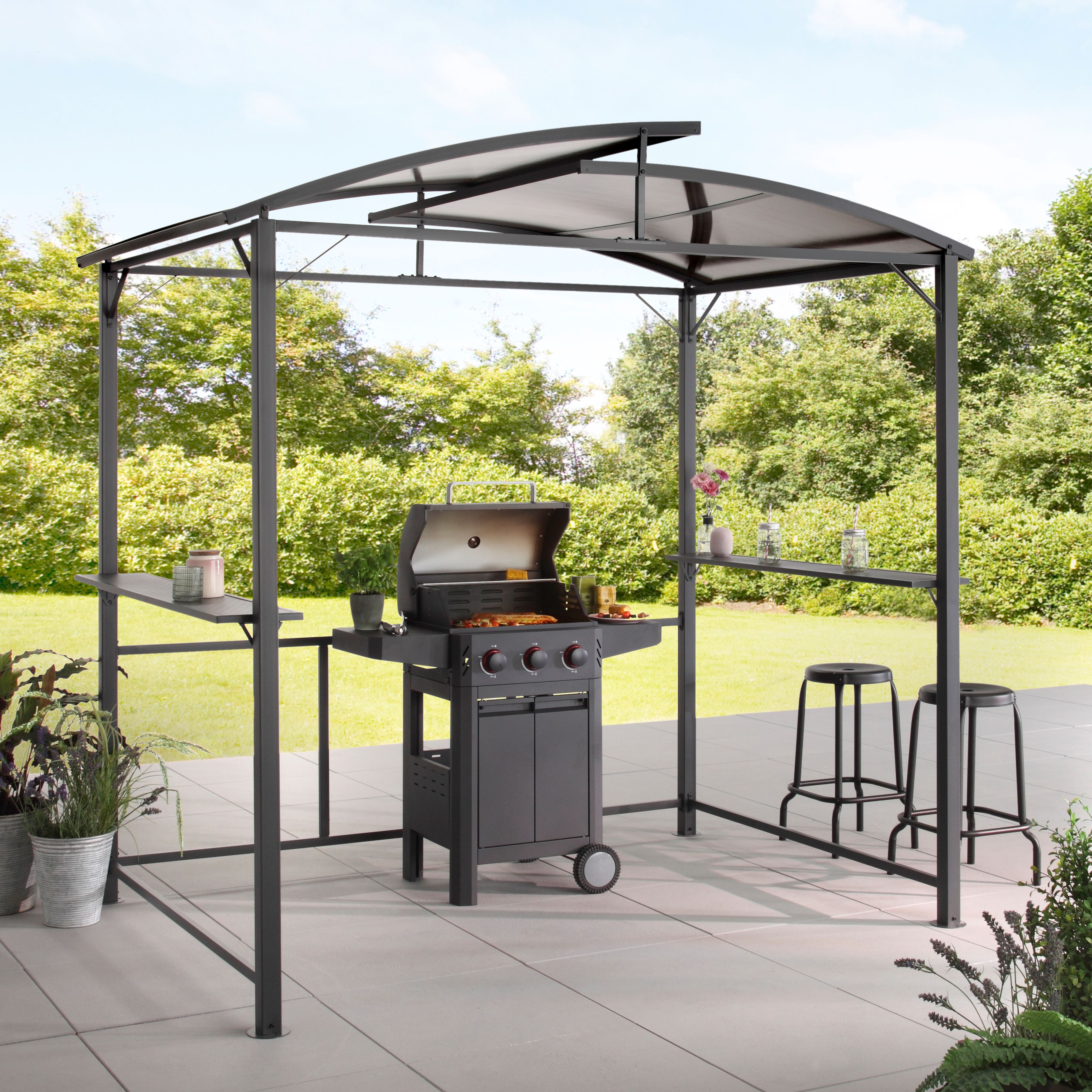 Grillpavillon KONIFERA "Roma", grau (anthrazit, braun), B/H/T: 245cm x 232cm x 150cm, Pavillons, Grillpavillon, Außenmaße BxT: 245x150 cm, Stahlgestell, Polycarbonat-Dachplatten