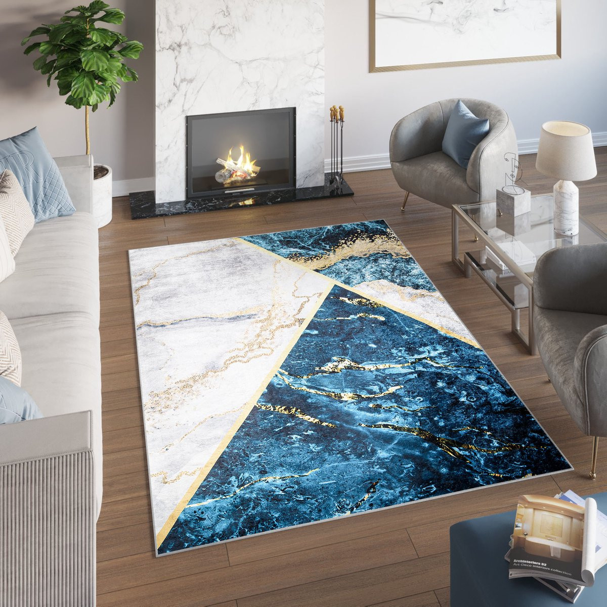 Tapiso Toscana Vloerkleed Blauw Grijs Goud Marmer Abstract 160 x 230 cm