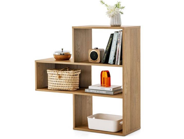Bibliothèque Convexe à 3 Niveaux COSTWAY Compartiments Ouverts Forme T Dispositif Anti-Bascule pour Salon Chambre Bureau Naturel
