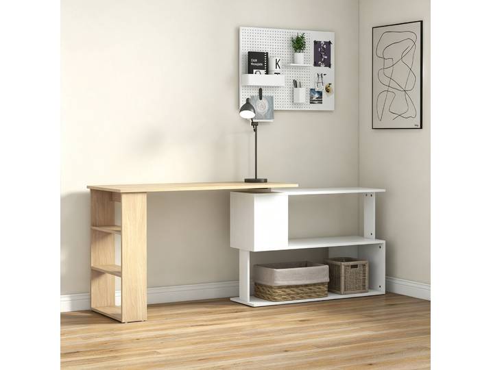 HOMCOM Bureau d'Angle Modulable avec Étagère 3 Niveaux Blanc Bois