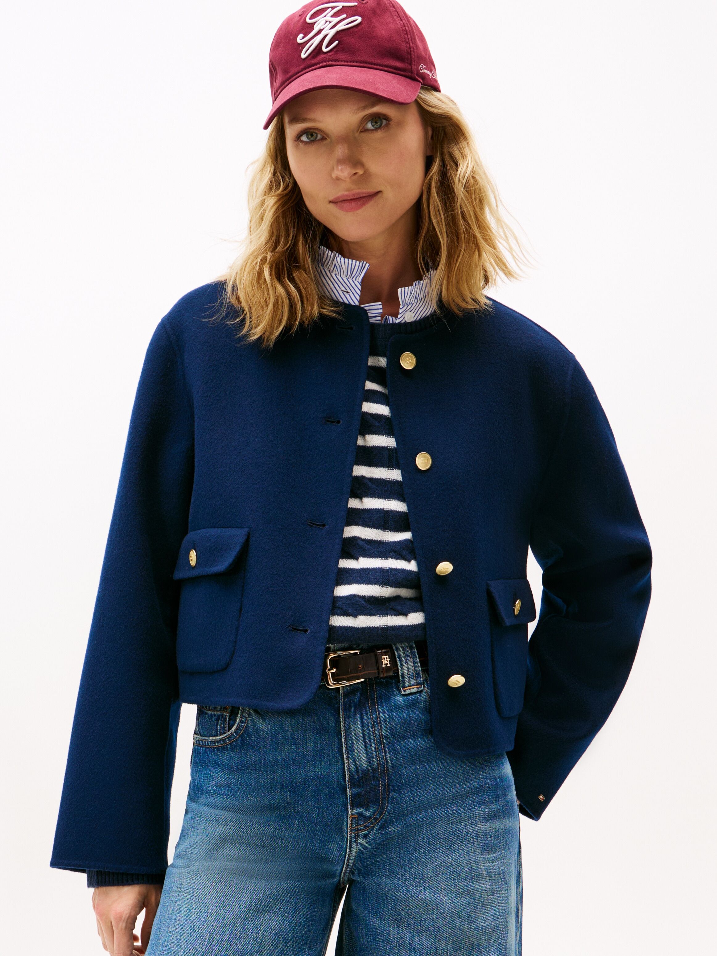 Kurzjacke TOMMY HILFIGER "DF WOOL BLEND REG LADY JACKET", Damen, Gr. 46, blau (schwarz night navy), Web, Obermaterial: 60% Wolle, 40% Polyester, unifarben, hüftlang, Rundhals, Jacken Kurzjacke, mit Wolle schwarz night navy 46