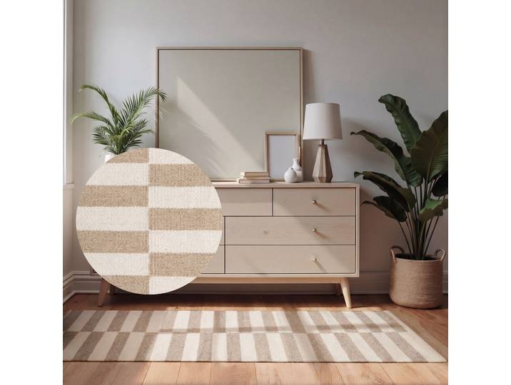 Wollteppich HANSE HOME Vika, schwarz-weiss , beige (beige, weiß), B:80cm H:5mm L:150cm, Wolle, Teppiche, Wollteppich, Handgewebt, Wolle, Natur, Läufer, Wohnzimmer, Schlafzimmer, Streifen
