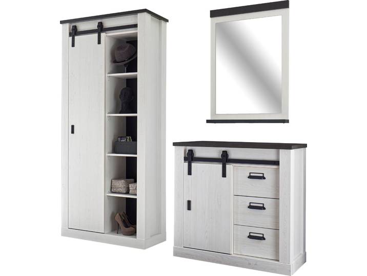 Garderoben-Set HOME AFFAIRE Sherwood, Garderobe im Industrial-Style, Komplettset mit viel Stauraum , weiss (pinie weiß dekor), B:206cm H:201cm T:43cm, Kastenmöbel-Sets, Garderoben-Set, enthält Schrank, Kommode, Spiegel, Scheunentorbeschlag &Apothekergriff