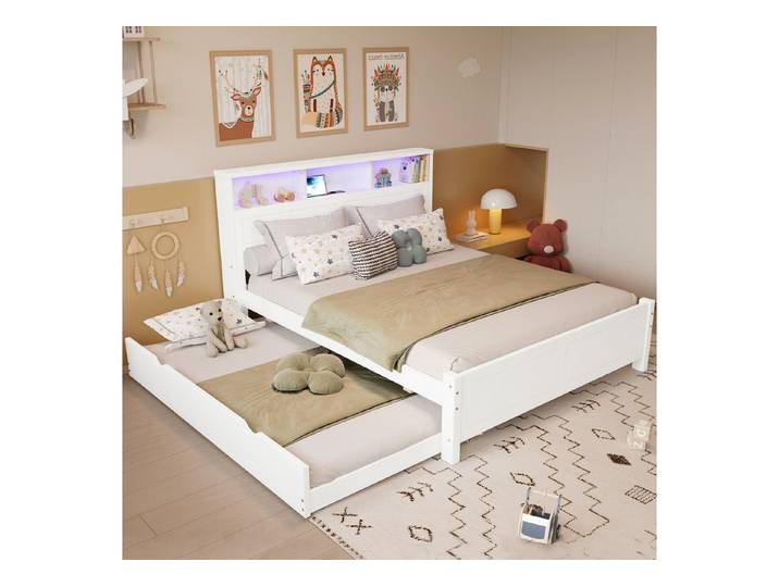 EXTSUD Polsterbett Familienbett 120x200 cm Weiß – Ausziehbett, USB-Buchsen & LED-Licht