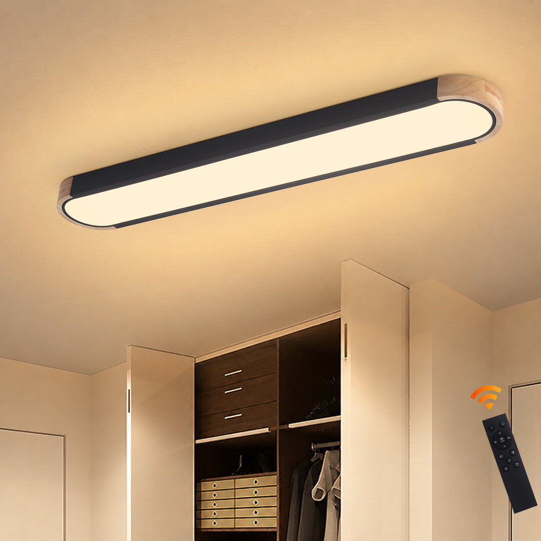 Metro Modern Linear Wood Dimmable LED Flush Mount with Remote Black 4cm H x 90cm W x 14cm D