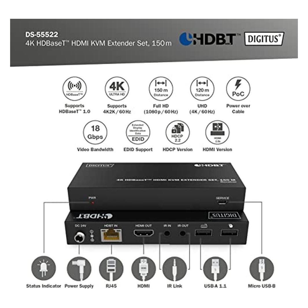 Digitus 4K HDBaseT HDMI KVM Extender Set, 150 m (DS-55522)