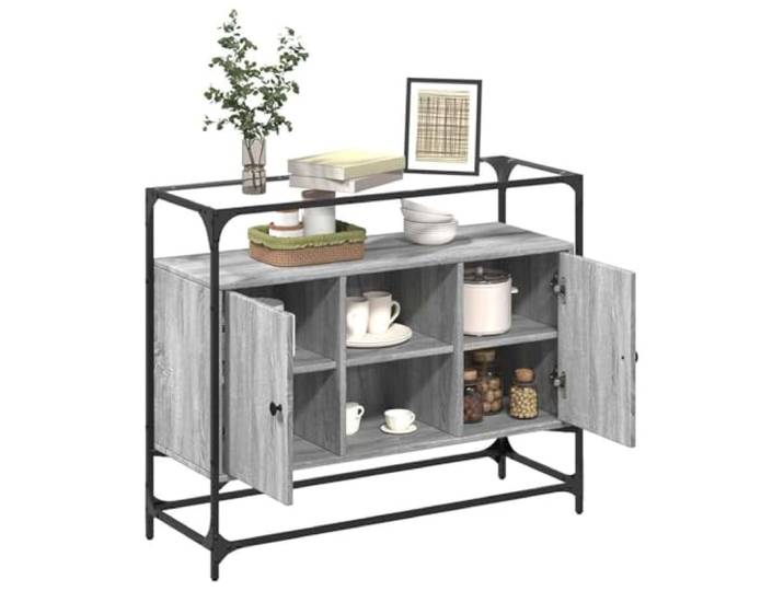 KTHLBRH Sonoma Anrichte grau 98 x 35 x 81 cm aus mehrschichtigem Holz Glasplatte, großer Stauraum, zwei Türen, Stahl und Glas, inklusive Wandbefestigung