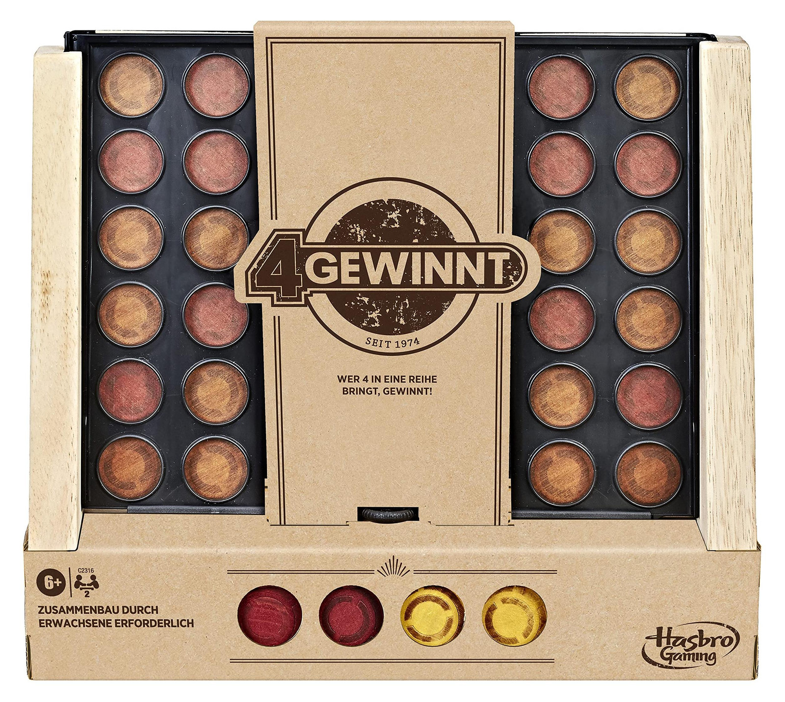 Hasbro Gaming 4 op een rij spel in rustieke stijl, geel