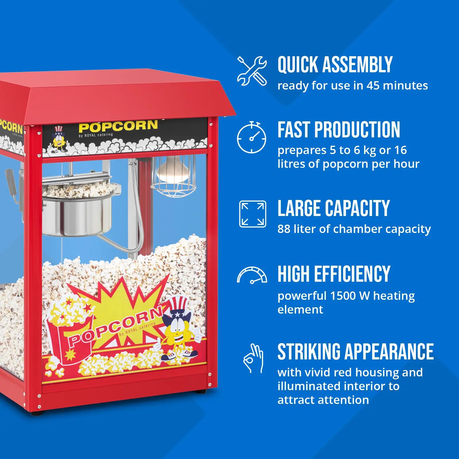 Royal Catering Macchina per popcorn - 5 kg/h - 1500 W - rossa -  RCPR-17E