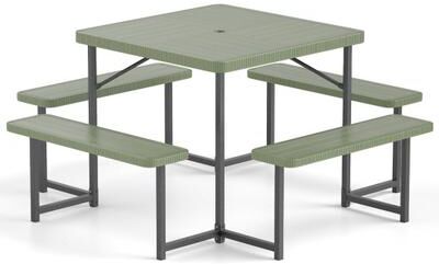Costway Outdoor Square Picnic Table Bench Set for 4-8 People with Umbrella Hole-Green