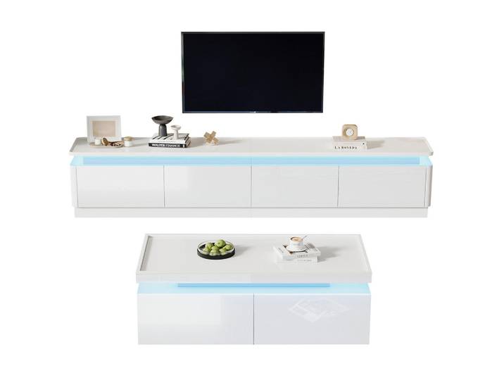 Flieks Tv-Möbelset Weiß Hochglanz LED 4 Schubladen 75 Zoll, 180x40x34 cm, Wohnzimmer, TV Möbel, Lowboards, Lowboards stehend