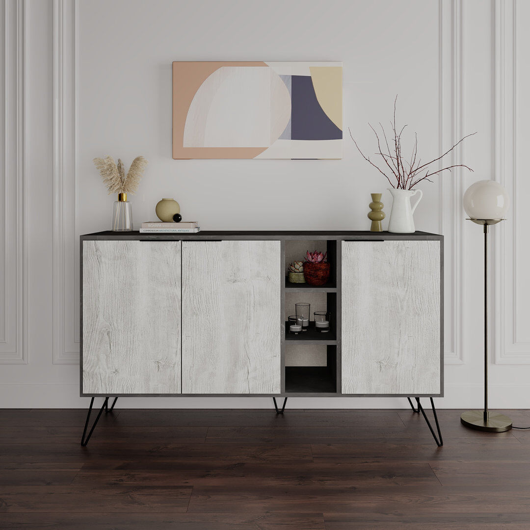 Hykkon Jaycee 142 Cm Wide Sideboard   Stylish Storage Cabinet with Metal Hairpin Legs Retro Grey/Ancient White 83cm H X 142cm W X 35.6cm D