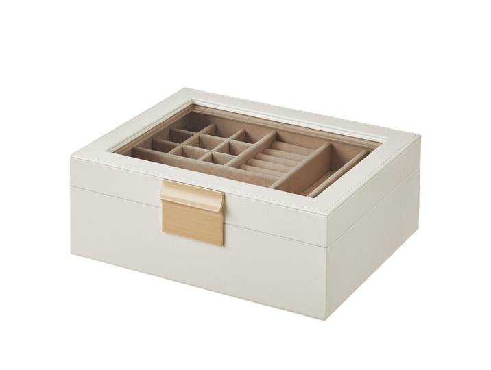 JOYFURNOS sieradendoos met glazen deksel, 2-laags sieradenorganizer met uitneembare lade, sieradenopslag, moderne stijl, cadeau voor dierbaren, wolkwit en metallic goud