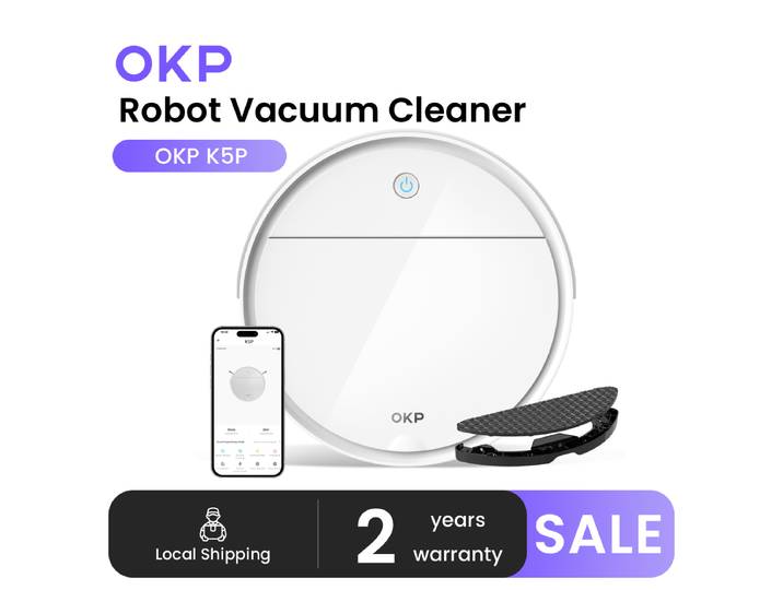 OKP K5P Robot aspirateur, 5000Pa, 180 minutes, WiFi/application, conception mince, auto-chargement, parfait pour les sols durs, les poils d'animaux, les tapis