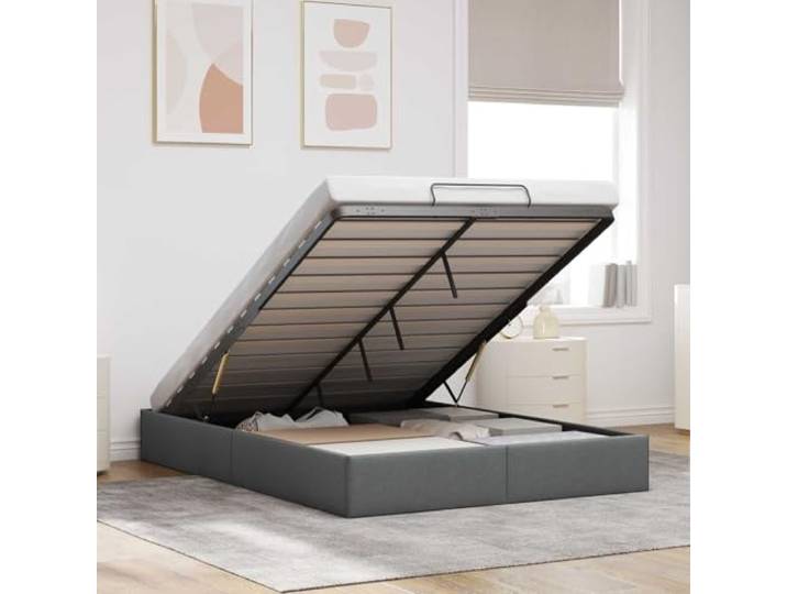 RJPLMFV Bettgestell, Ottoman, Dunkelgrau, Doppelbett, Stoff Metall und technisches Holz, Gasheber, integrierte Aufbewahrung, Lamellen im Lieferumfang enthalten