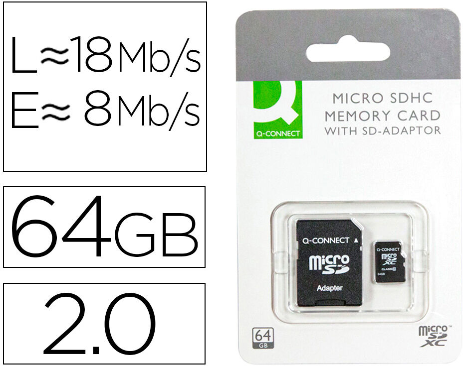 Tarjeta de memoria Micro Flash 64 Gb Clase 10 SD con adaptador - Q-CONNECT