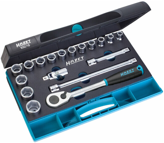 Jeu de clés à douilles 932/18 ∙ Carré creux 12,5 mm (1/2 pouce) ∙ Profil Traction à 6 pans extérieurs ∙ Nombre d'outils : 18 HAZET (932/18)