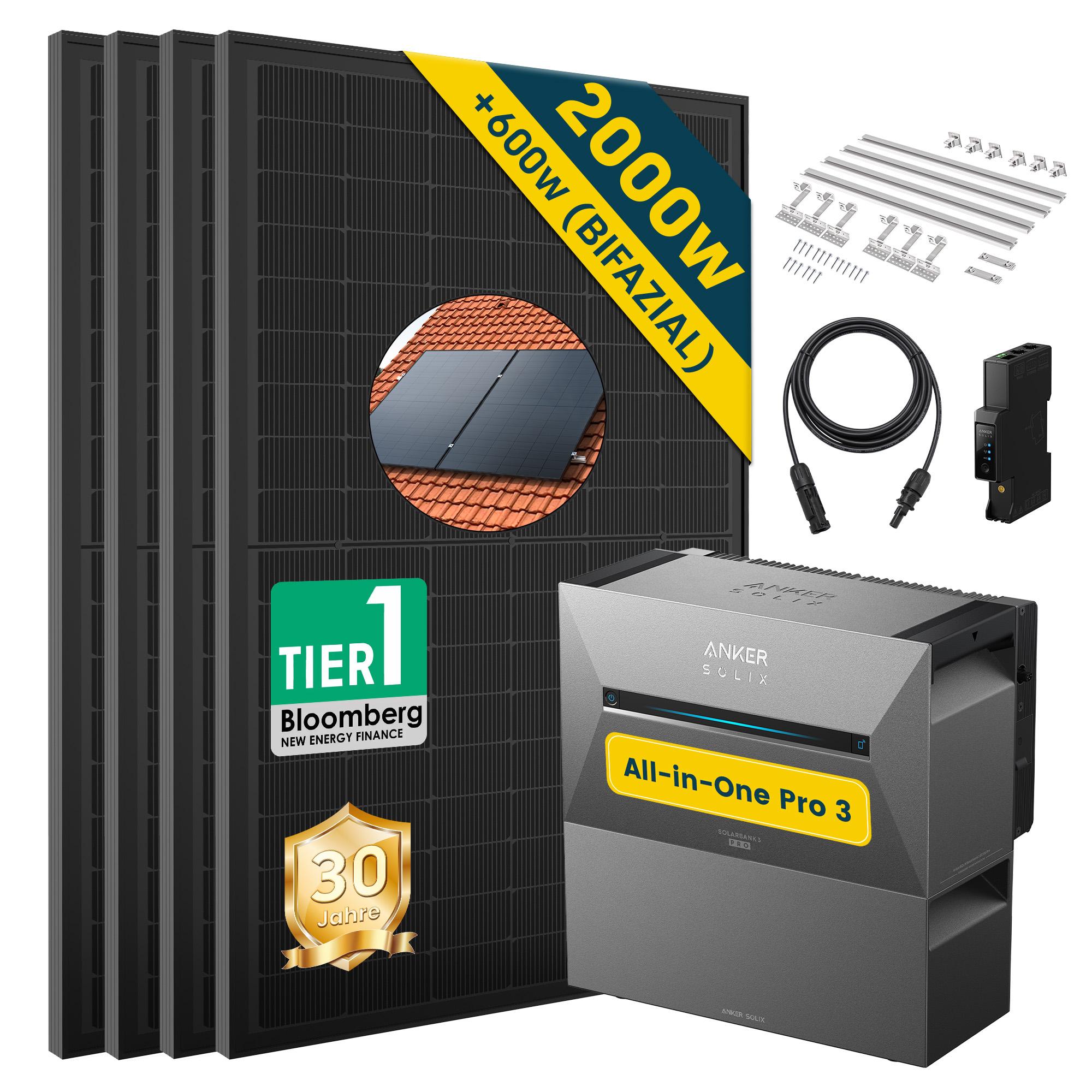 ALLDREI Balkonkraftwerk mit Speicher Anker Solix Solarbank 3 E2700 Pro & BP2700x1,Komplettset mit 4x500W Bifazialer Solarpanel & Smarten Zähler