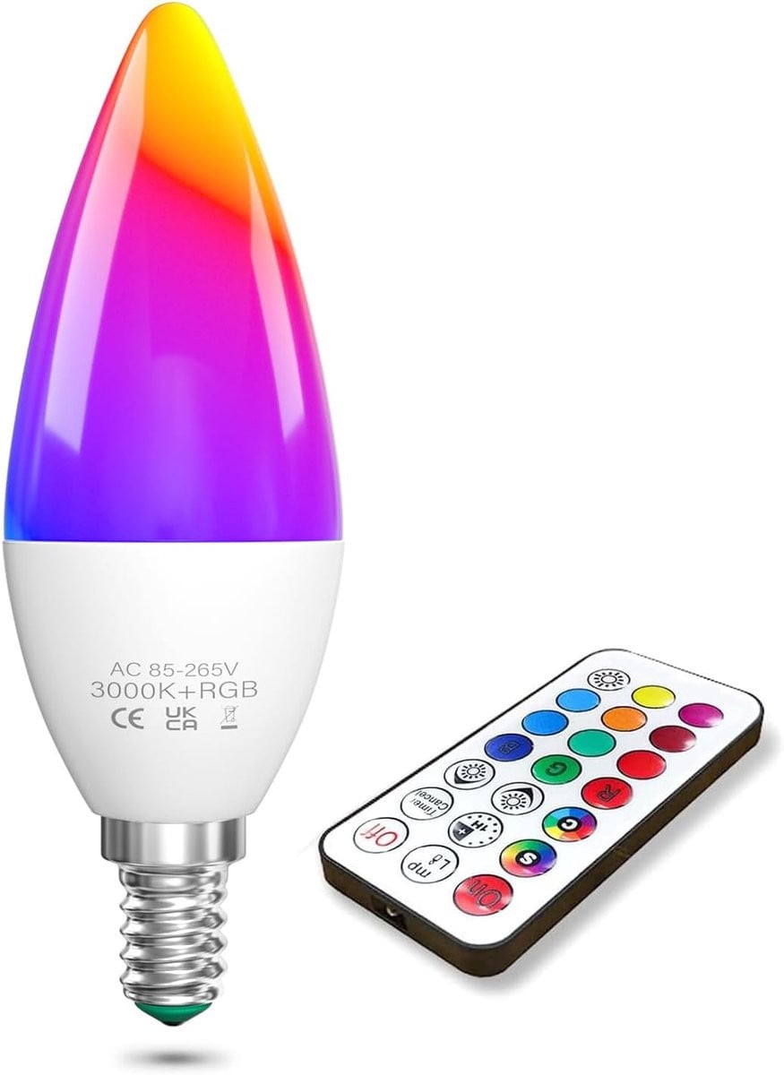 LED Kleurveranderende Gloeilamp RGB met Afstandsbediening, Dimbare Warm Witte 3000K, E14, 3W (40W Equivalent), 1-pack
