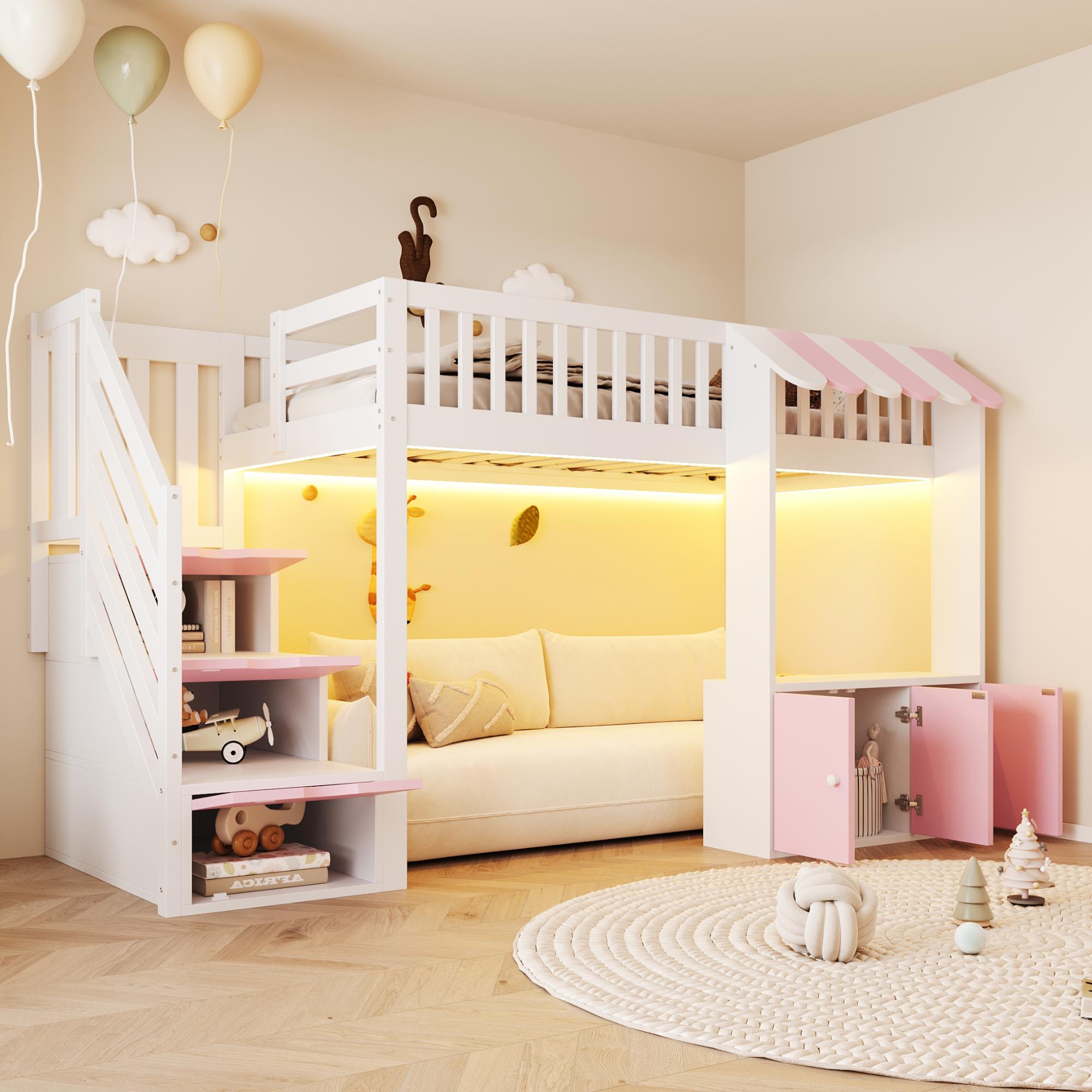 MODFU Hochbett 90x200 cm Stauraumtreppe mit Fächern und LED-Lichtleiste,Bettgestell mit Dachvorsprung Stauraum unter dem Bett Schlafzimmer,Rosa + Weiß,ohne Matratze