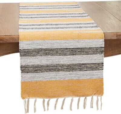 Saro Lifestyle Farmhouse Woven Striped Table Runner with Fringe Detail