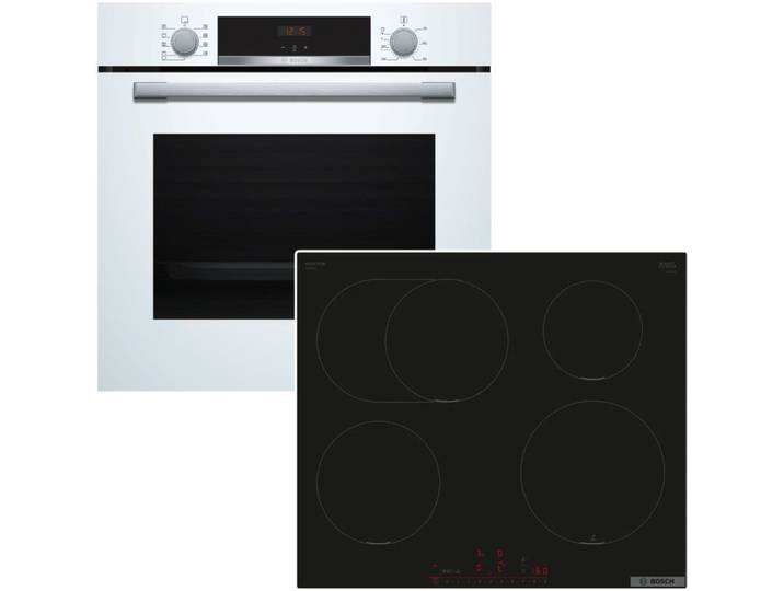 BOSCH Backofen-Set weiß 3D-Heißluft +Induktionskochfeld PowerBoost TouchControl rahmenlos, Hydrolyse